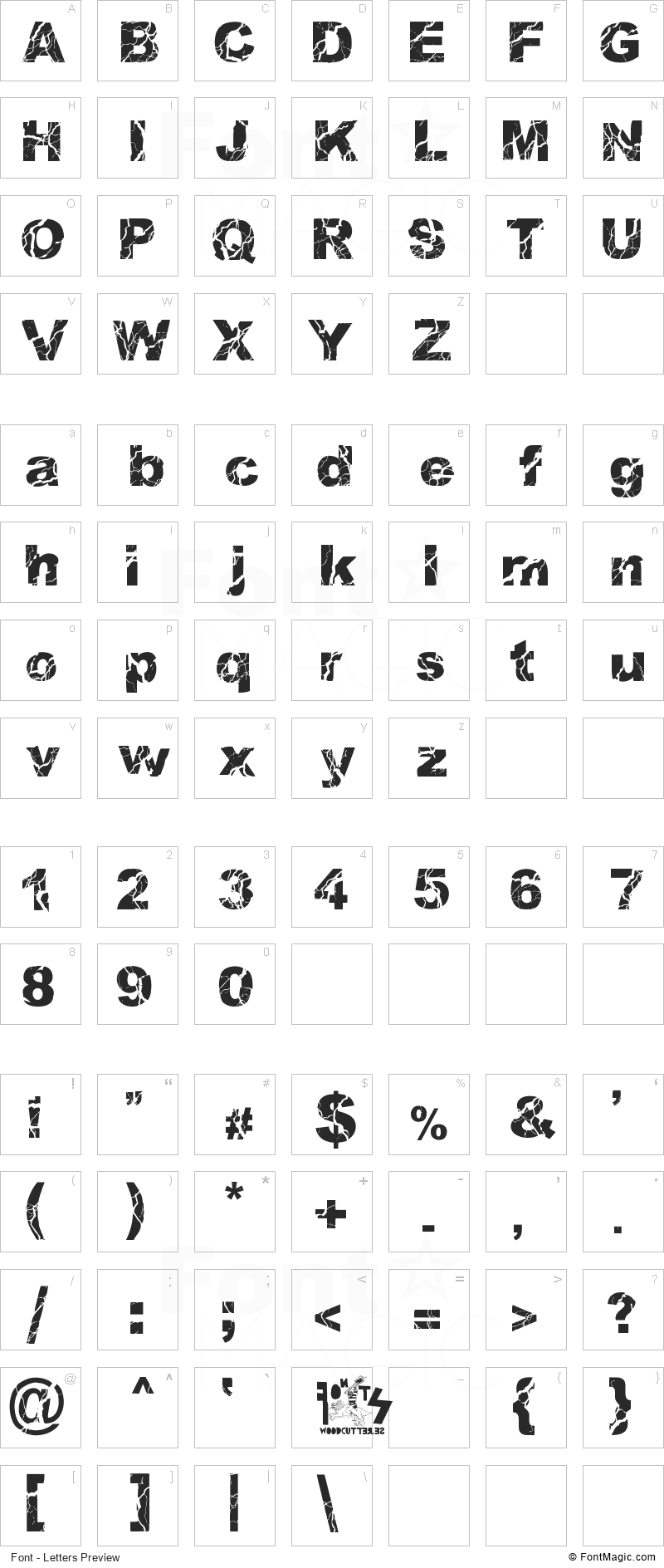 Woodcutter Storm Font - All Latters Preview Chart